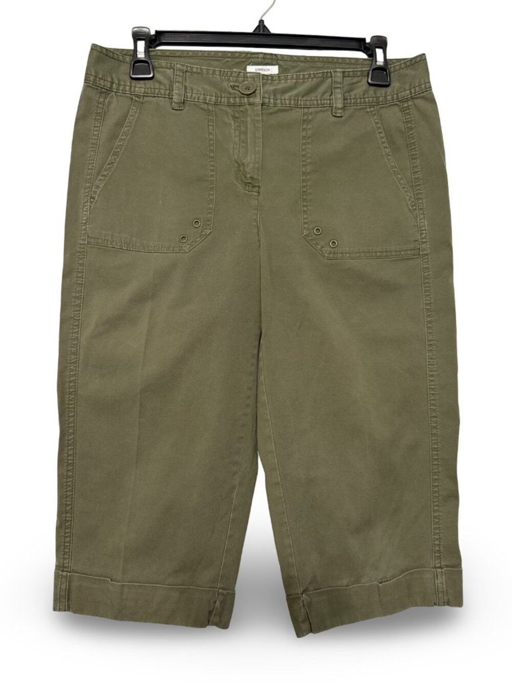 Liz Claiborne Stretch Twill Capri Pants Womens 6P Olive Green Cuffed Pockets